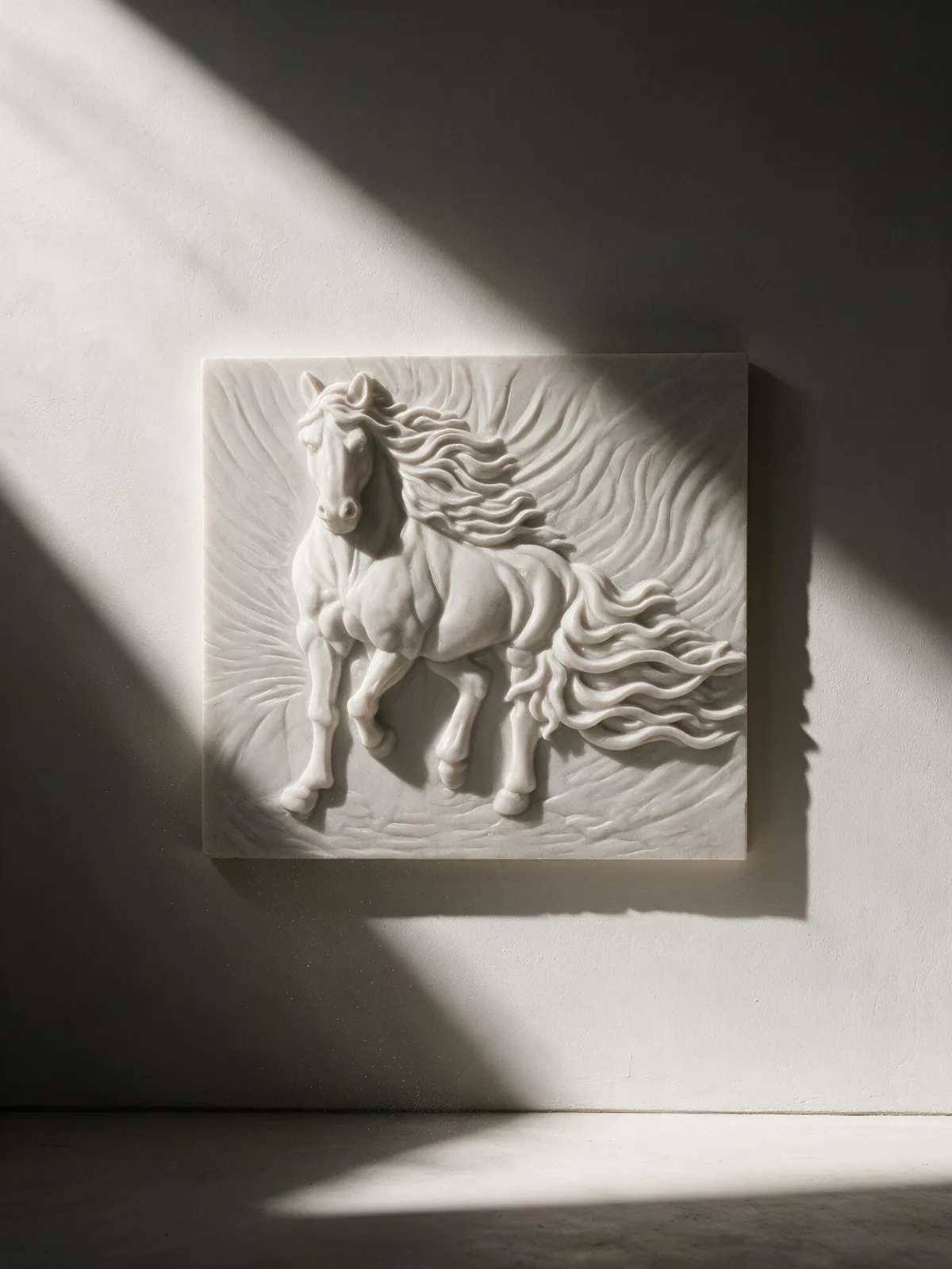 A horse raised in relief from a single marble slab, mounted on a wall.