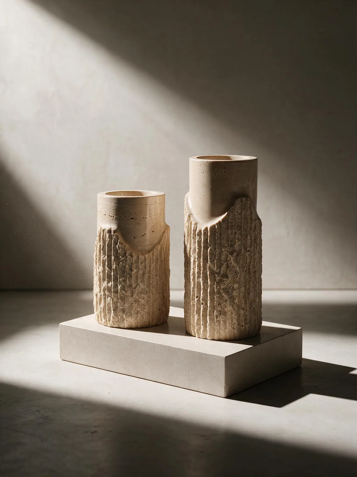 Two travertine vases side by side.